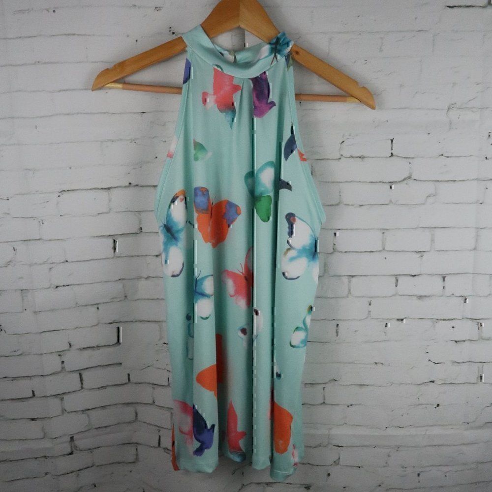 MILAN KISS BUTTERFLY HIGH NECK SLEEVELESS STRETCH SUMMER BLOUSE SIZE SMALL